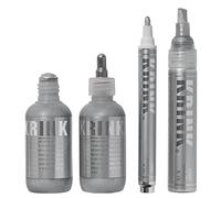 Krink Juego de 4 marcadores de pintura plateados, 4 unidades, incluye fregona K60, punta de bola K66, punta de bala K42, punta de cincel K75, juego de marcadores de pintura plateada a base de