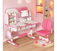 Kripyery Juego de escritorio y silla para niños, ajustable, mesa de estudio y tareas, escritorios ergonómicos con gran tablero de escritura, estantería y cajón, color rosa