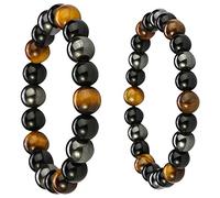 KRISFD Pulsera Triple Protección 2 Piezas Obsidiana Negra Ojo de Tigre Hematita Negra 8/10 Mm para Hombres y Mujeres Regalo, Metal