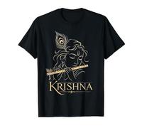 Krishna - Flauta de Dios hindú con Plumas de Pavo Real, Regalo devocional Camiseta gráfica económica, Hombre, Negro, L