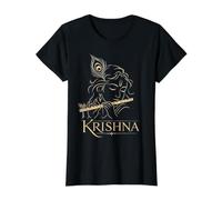 Krishna - Flauta de Dios hindú con Plumas de Pavo Real, Regalo devocional Camiseta gráfica económica, Mujer, Negro, S