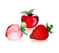 KRISININE 3 figuras de cristal de fresa, manzana, melocotón, frutas de cristal para decoración del hogar, pisapapeles, frutas de cristal para cumpleaños