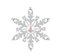 KristLand Broche Elegante de Copo de Nieve y Flor Chapado en Oro Blanco con Circonitas Cúbicas Brillantes y Perla, Regalo de Invierno para Mujer