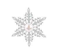 KristLand Broche Elegante de Copo de Nieve y Flor Chapado en Oro Blanco con Circonitas Cúbicas Brillantes y Perla, Regalo de Invierno para Mujer