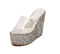 KRLZKID Pantuflas cómodas con plataforma para mujer Sandalias con tiras transparentes de moda Pantuflas con cuña y puntera abierta,Silver-36