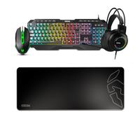 KROM KARRIER Pack Gaming 4 en 1 - Teclado de Membrana Retroiluminado RGB Layout Español, Ratón 3600 DPI, Auriculares con Sonido Envolvente 50 mm, Alfombrilla XXL Antideslizante - Negro