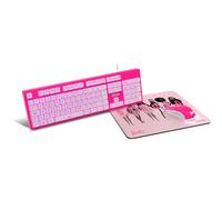 KROM Kit teclado, ratón y alfombrilla edición Barbie KANDY - Teclado membrana LED Blanco, Ratón con sensor óptico 6400 DPI, Alfombrilla de goma suave y resistente, layout español, color rosa