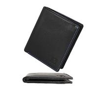 KRONIFY Cartera para Hombres | Billetera de Cuero Genuino con Protección RFID | Formato Horizontal | Compartimento para Monedas | 8 Compartimentos para Tarjetas | Caja de Regalo | Nappa Negro/Azul