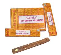 KROWN - Kit Incienso GOLOKA Nag Champa Agarbathi + Porta Inciensos, GOLOKA Nag Champa Agarbathi Caja Grande, 12 Paquetes de 16 g Cada uno, Total 192 g.