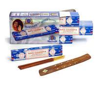 KROWN - Kit Incienso Nag Champa + Porta Inciensos, Nag Champa Caja Grande Azul, 12 Paquetes de 15 g Cada uno, Total 180 g.