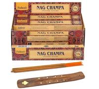 KROWN - Kit Incienso Tulasi Nag Champa + Porta Inciensos, Tulasi Nag Champa Caja Grande Azul, 12 Paquetes de 15 g Cada uno, Total 180 g.