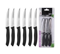 KROWN - Set de 6 Cuchillos, Pack de 6 Cuchillos Bistec Sierra de Uso Diario. Juego de 6 Cuchillos de Carne. Mango Negro Resistente y Duradero. Cuchillo Apto para Mesa Carne, Chuleteros, Cocina.