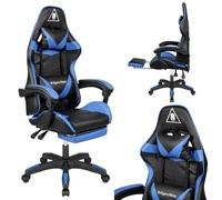 Krüger&Matz Silla para Gaming Modelo GX-150 KM0790-BL Silla con Reposapiés Extensible, Soporte Lumbar Ajustable, Piel Sintética Suave, Ruedas de Caucho Negro y Azul