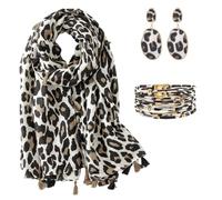 KRUIHAN Bufanda e Infinito Imprimé Léopardo Beige para Mujer, Kit Regalo 3 Piezas con Pendientes y Pulsera, Ideal para Cumpleaños, Navidad, Otoño-Invierno y Uso Diario