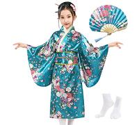 KRUIHAN Kimono Japonés Niñas,Disfraz Geisha Satén,Vestido Fiesta Japonesa Disfraces Carnaval Niña con Abanico Plegable y Calcetines Tabi,Estilo A,Turquesa,150