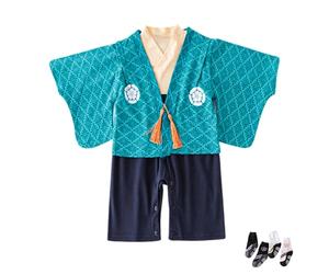 KRUIHAN Kimono Japonés Ropa De Bebé Buzo Bebe Disfraz Bebe Body Bebe Recien Nacido Kimono Japonés,Azul Lago,con 2 Pares de Calcetines,70(9-12 Meses)