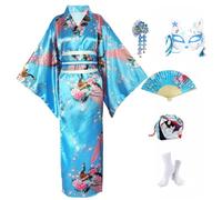 KRUIHAN Kit Kimono Japonés Mujer Caja Regalo-Disfraz Geisha Yukata Satinada Pavo Real Azul Cielo,Obi,Abanico,Máscara Kitsune,Bolsa Cordón-Traje Cosplay y Carnaval