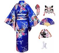KRUIHAN Kit Kimono Japonés Mujer Caja Regalo-Disfraz Geisha Yukata Satinada Pavo Real Azul Real,Obi,Abanico,Máscara Kitsune,Bolsa Cordón-Traje Cosplay y Carnaval