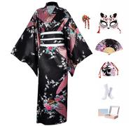 KRUIHAN Kit Kimono Japonés Mujer Caja Regalo-Disfraz Geisha Yukata Satinada Pavo Real Negro,Obi,Abanico,Máscara Kitsune,Bolsa Cordón-Traje Cosplay y Carnaval