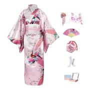 KRUIHAN Kit Kimono Japonés Mujer Caja Regalo-Disfraz Geisha Yukata Satinada Pavo Real Rosa,Obi,Abanico,Máscara Kitsune,Bolsa Cordón-Traje Cosplay y Carnaval