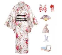 KRUIHAN Kit Kimono Japonés Mujer en Caja de Regalo-Disfraz Geisha Yukata Satinada Sakura Blanca,Obi,Abanico,Máscara Kitsune y BBolsa Nudo Japonés-Traje Tradicional para Cosplay,Fiesta y Carnaval