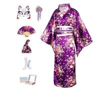 KRUIHAN Kit Kimono Japonés Mujer en Caja de Regalo-Disfraz Geisha Yukata Satinada Sakura Morada,Obi,Abanico,Máscara Kitsune y Bolsa Nudo Japonés-Traje Tradicional para Cosplay,Fiesta y Carnaval