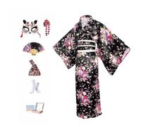 KRUIHAN Kit Kimono Japonés Mujer en Caja de Regalo-Disfraz Geisha Yukata Satinada Sakura Negra,Obi,Abanico,Máscara Kitsune y Bolsa Nudo Japonés-Traje Tradicional para Cosplay,Fiesta y Carnaval