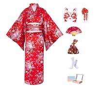 KRUIHAN Kit Kimono Japonés Mujer en Caja de Regalo-Disfraz Geisha Yukata Satinada Sakura Roja,Obi,Abanico,Máscara Kitsune y BBolsa Nudo Japonés-Traje Tradicional para Cosplay,Fiesta y Carnaval