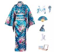 KRUIHAN Kit Kimono Japonés Mujer en Caja de Regalo-Disfraz Geisha Yukata Satinada Sakura Turquesa,Obi,Abanico,Máscara Kitsune y Bolsa Nudo Japonés-Traje Tradicional para Cosplay,Fiesta y Carnaval