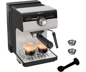 Krups Authentic, Cafetera Espresso Manual, 15 bares de presión, Espumador de leche, Ajuste Manual, Cuchara Medidora y Compactadora, depósito de 2 L de capacidad, Inox, XP381B