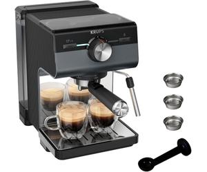 KRUPS Authentic+, Cafetera Espresso Manual, Depósito de 2L, Negra | 15 Bares, Espumador de leche, Ajuste Manual, Cuchara Medidora y Compactadora, Accesorios incluidos, XP384G