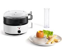 Krups Ovomat EG230115 Super - Huevera para hasta 7 huevos, función de cocción y mantenimiento del calor, incluye vaso medidor de agua con cortador de huevos, pitido, EG230115, color blanco y negro