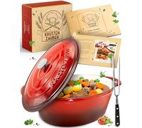 KRUSTENZAUBER Cacerola de hierro fundido con tapa, 33 cm, apta para horno, incluye tenedor de carne, olla esmaltada de 6 l, olla XL - Cacerola ideal Kazan, inducción ovalada, regalo de Navidad, KRZ 24
