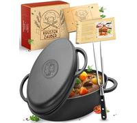 KRUSTENZAUBER Cacerola de hierro fundido con tapa, 35 cm, apta para horno, incluye tenedor de carne, olla de hierro fundido XXL, ideal para horno Kazan, para inducción, sartén de hierro fundido