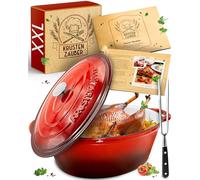 KRUSTENZAUBER Cacerola de hierro fundido con tapa de 37,5 cm, apta para horno, incluye tenedor de carne, grande aprox. 10 l, olla ideal XXL, cacerola Kazan de hierro fundido para inducción, ovalada