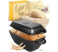 KRUSTENZAUBER Cazuela de hierro fundido con tapa, apta para horno [incluye cesta de fermentación] - 28 cm de largo de hierro fundido - Ideal como molde para horno, inducción de asado, olla para hornear pan