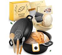 KRUSTENZAUBER Juego XXL de cacerola de hierro fundido, molde para pan con tapa, incluye cesta de fermentación, batidor, cuchillo de panadero, espátula para masa, soga de pan y más - Juego perfecto