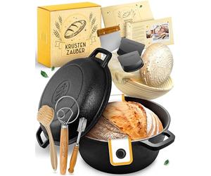 KRUSTENZAUBER Juego XXL de cacerola de hierro fundido, molde para pan con tapa, incluye cesta de fermentación, batidor, cuchillo de panadero, espátula para masa, soga de pan y más - Juego perfecto