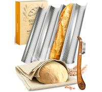 KRUSTENZAUBER Molde para baguette antiadherente, incluye correa de panadería y cuchillo de panadería - 4 bandejas para baguette - Ideal como bandeja para baguette, molde de pan, molde para baguette