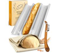 KRUSTENZAUBER Molde para baguette antiadherente, incluye correa de panadería y cuchillo de panadería, bandeja de 3 unidades, ideal como bandeja para baguette