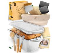 KRUSTENZAUBER Molde para pan con tapa esmaltada en juego completo XXL, robusto 28 cm, molde de hierro fundido, molde ideal para pan, incluye cesta de fermentación y diversos accesorios para hornear