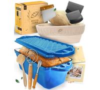KRUSTENZAUBER Molde para pan con tapa esmaltada en juego completo XXL, robusto 28 cm, molde de hierro fundido, molde ideal para pan, incluye cesta de fermentación y diversos accesorios para hornear