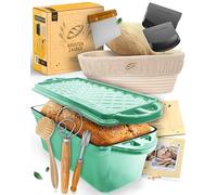 KRUSTENZAUBER Molde para pan con tapa esmaltada en juego completo XXL, robusto 28 cm, molde de hierro fundido, molde ideal para pan, incluye cesta de fermentación y diversos accesorios para hornear