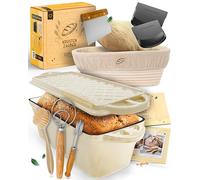 KRUSTENZAUBER Molde para pan con tapa esmaltada en juego completo XXL, robusto 28 cm, molde de hierro fundido, molde ideal para pan, incluye cesta de fermentación y diversos accesorios para hornear