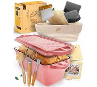 KRUSTENZAUBER Molde para pan con tapa esmaltada en juego completo XXL, robusto 28 cm, molde de hierro fundido, molde ideal para pan, incluye cesta de fermentación y diversos accesorios para hornear