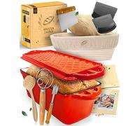 KRUSTENZAUBER Molde para pan con tapa esmaltada en juego completo XXL, robusto 28 cm, molde de hierro fundido, molde ideal para pan, incluye cesta de fermentación y diversos accesorios para hornear