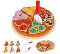 KRUZZEL Juego de pizza, accesorios de madera para cocina infantil y tienda de compras, incluye tabla de cortar y cortador de pizza, 27 piezas 22471