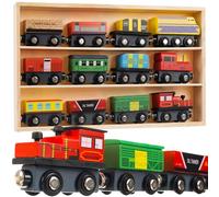KRUZZEL Montessori 23522 - Juego de tren de madera con organizador, 3 locomotoras, 9 vagones