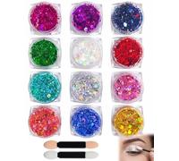 KRVNTH Purpurina Cara y Glitter Maquillaje 12 Colores Gel + 2 Cotonetes. Brillantes para la Cara Seguros, Retiro Fácil con Agua, Brillo Intenso para Festival y Carnaval