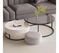 KRXSOBNV, Juego de 2 mesas de Centro Nido de Madera con Marco de Metal, diseño Moderno en Relieve Circular for Sala de Estar, balcón u Oficina,Reposapiés(Bianco,Large)